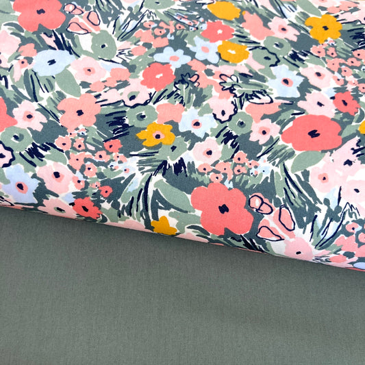 Poplin Flores Verde e Coral