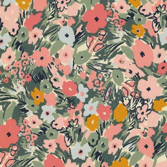 Poplin Flores Verde e Coral