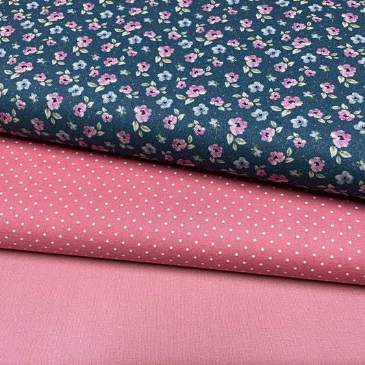 Poplin Azul Flores Rosa