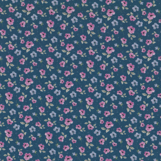 Poplin Azul Flores Rosa