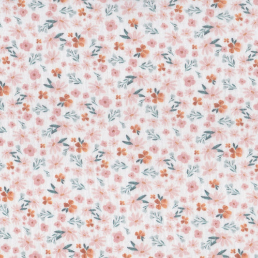 Musselina Flores Rosa com Folhinhas Petróleo