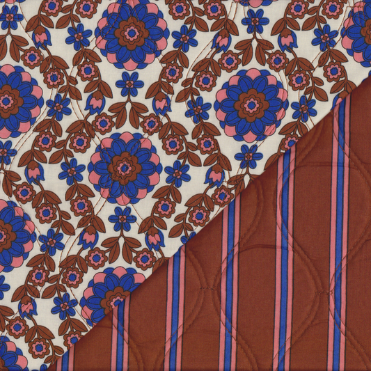 Acolchoado Dupla Face Flores Azul e Tijolo