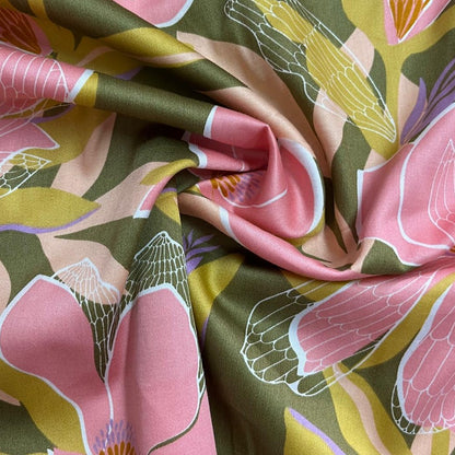 Cotton Satin Spandex Flores Verde